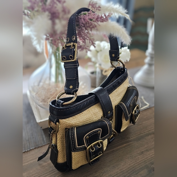 Vintage Coach Legacy Leather Trimmed Manufactured Straw Hobo Shoulder Bag - Picture 9 of 16